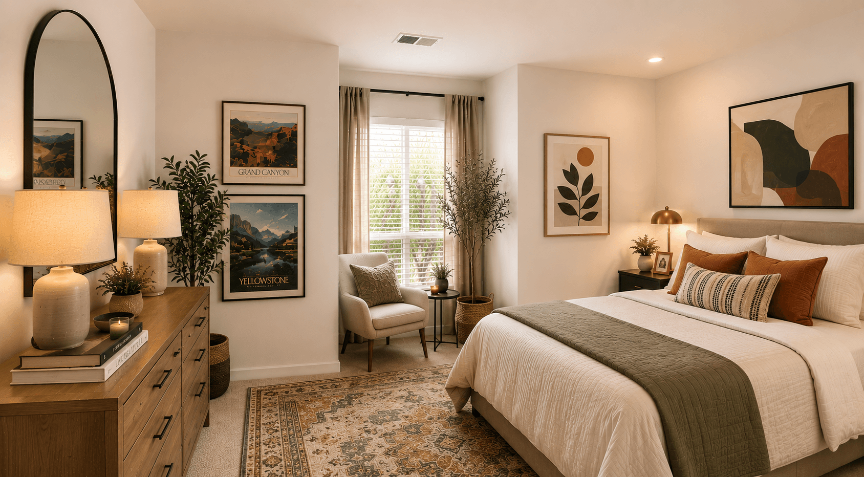 A bedroom with a large bed, a dresser, and a chair.